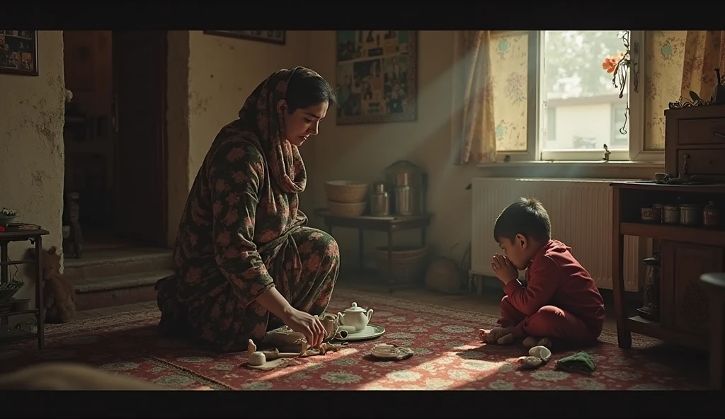 Create an image of a poor family of a mother, a 25 year old son, another son 15 years old drinking coffee at a poor table