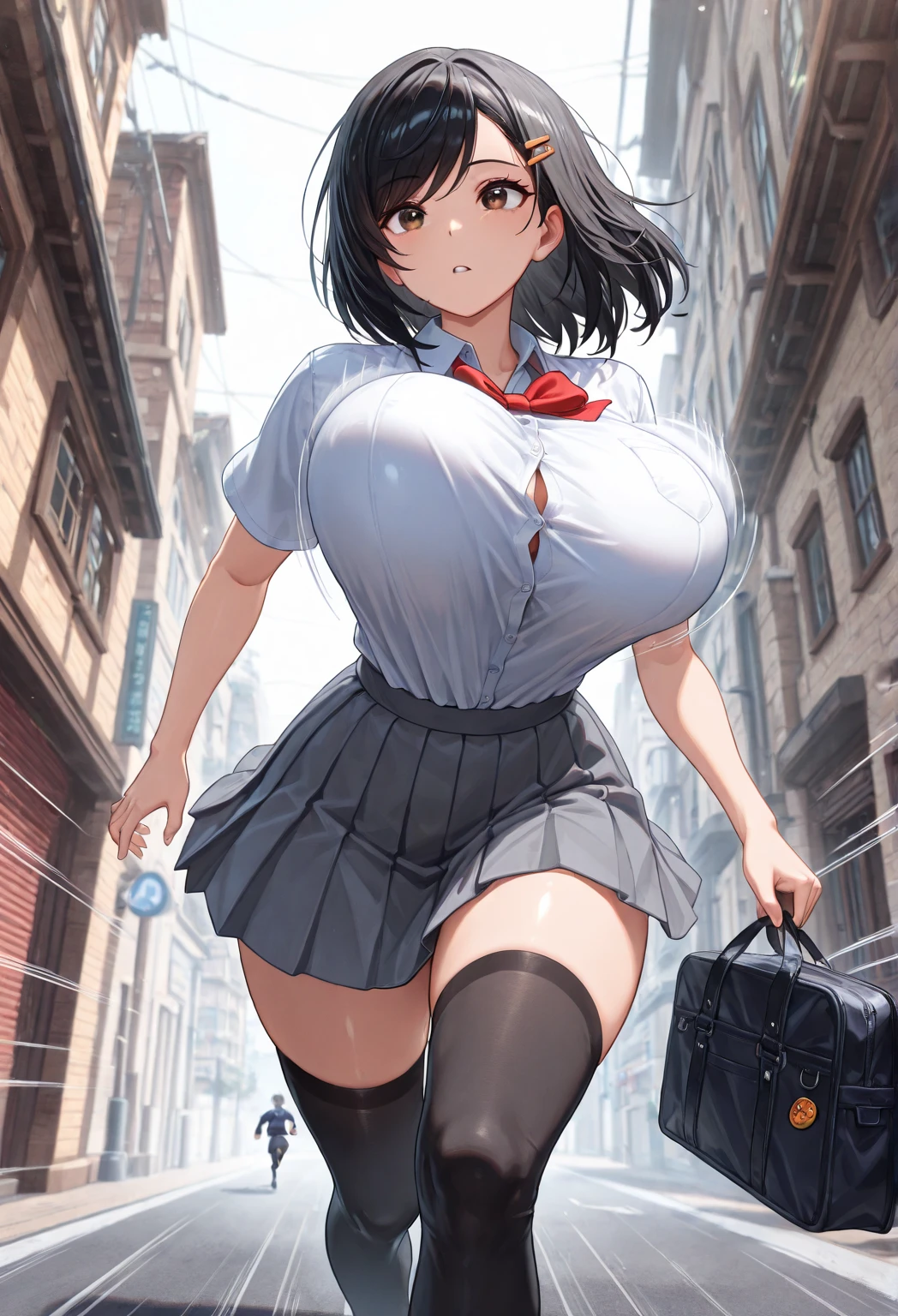 huge breast, big , wide hips, massive tits, small skirt