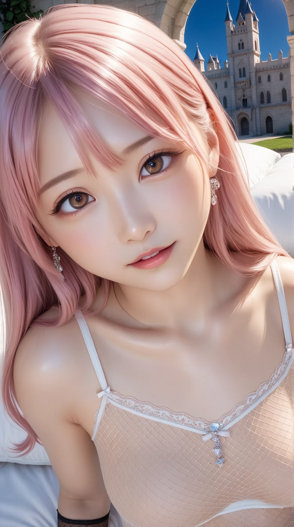 A woman with pink hair and a white dress, Anime realism style, Unreal 5. RPG Portrait, cgsociety portrait, Realistic art style, Smooth anime CG art, Photorealistic Anime Girl Rendering, Realistic anime 3D style, Loss Draw 1. 0, Realistic 3D animation, ArtJam ; 3d unreal engine, Realistic anime art style，The background is inside the library，The best smile、Side Ponytail、Reading a book