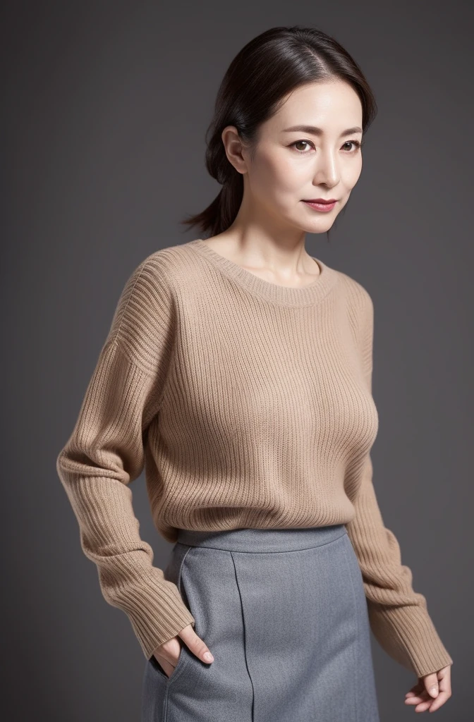 Japanese, Short women, Physical build, Short arms, Long, narrow eyes, Fleeting atmosphere, 40-year-old woman, Brown Bob Hair, ((Thin lips)), one piece, Pieces fly, Highest quality, Detailed skin, Fine grain, ,8K, Excellent anatomy, Upper body portrait、gray plain background、Bright smile