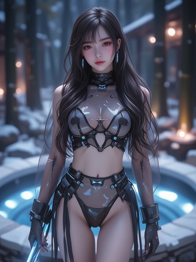 (is the best quality:1.4), (Highly rated works:1.2), (ultra-realistic:1.4), (portrait:1.0), (super high resolution:1.2), (realistic:1.4), (From the front:1.2), (8千 Ultra HD), (original photo:1.2), (Real Photos:1.3),
((((full body photo:1.5)))), (Master's work:1.5), (Super clear 1 .5), (clearly focus:1.5), (sexy的:1.5), (Perfect Dynamic Composition:1.3), ( detailed skin and facial textures:1.3),  (((超级sexy:1.5))),
((standing position)), (Cowboy Shot:1.0), (transparent clothes:1.5), (Mobile wallpaper:1.0), studio lighting, ((( front view:2.0))), Character lighting , Symmetrical character,
(sexy服装: 1.5), The background is a snowy Chikurin Hot Spring at night,
一个非常realistic的正面全身穿着有蓝光的透明黑色乙烯基长袖旗袍和透明黑色迷你裙的微裸体女性, 
 Clear , sexy的20岁中国女刺客, cold skin tone,  looms, See-through clothes, flowing hair, sexy的身材, Clothes that sparkle blue, Standing in the middle , legs slightly spread, (((full body on camera:0.75))), 
pretty face, Oriental face , Egg-shaped face , smiling face on the back of the altar, Some makeup , Characters are bright ,  Special liquid material , Perfect facial details, 
(transparent latex cape , Clear black vinyl long sleeve cheongsam with blue light and clear black vinyl skirt, Clear latex high-waisted high-cut underwear, striped suspenders knee-high socks, Holding a crystal dagger with a blue light, Tiny buttons, chest sticker),
曲线玲珑的身材被See-through clothes所衬托, Thin and delicate ,  looms地露出她下面的肌肤, Clothes should have a simple and elegant design , may have lace edges or other delicate details, 
Gloves, Bracelet, earrings, bracelet,  necklace, Jewelry, cute hair band ,  leg rings,
Double ponytail , flowing hair, Long black wavy hair , Gradient Hairstyle, Eyes look at the camera, 全身 front view, full of confidence, Facing the camera, Balanced Eyes, realistic的眼睛,  Beautiful detailed eyes ,pretty face, (realistic的脸), Normal facial features,
realistic的皮肤,  anatomical body , sexy苗条的身材, 细致realistic的人体, Full Body Gloss Skin, fair skin,  The skin is clear ,  Minimalist, Center the character, 
((sexy的, Beautiful upturned breasts, Perfect breast shape, Teardrop chest shape, Snow-white breasts,  very detailed breasts , 34C cup, realistic的乳房, realistic的乳晕, realistic的乳头, Raised Nipples)),  
(Super high waist, Low-cut, sexy, Charming, Open crotch, ((Clear camel toe), (High fork and genitals))), soft natural light,  bright and clear character photo 