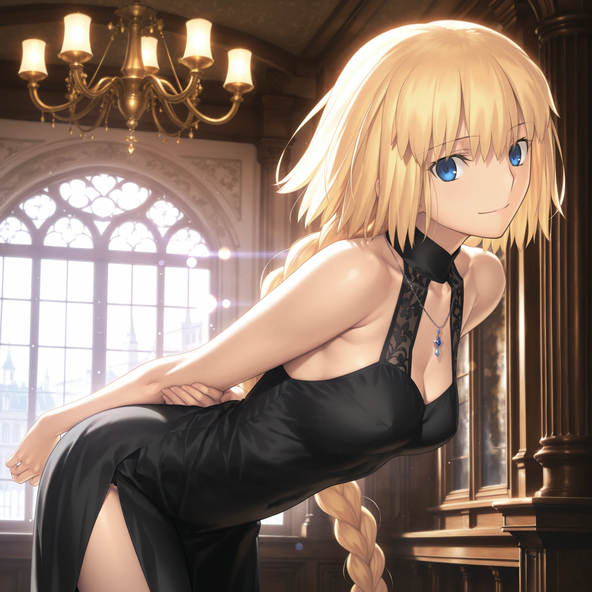 masterpiece, , absurdres, highres, detailed background, high resolution, masterpiece, necessary, detail, best quality, quality, necessary, details, High details, Precise, indoors, chandelier, european architecture, lens flare, blurry background, from side, (upper body) ,solo,                                            
                                                                                                                                                                                                                         1girl, , Takeuchi Takashi (type-moon,tsukihime) style, takeuchi takashi style, (((leaning forward, bent over))), (arms behind back), light smile ,necklace, 
   
tall girl, mature, jeanne d arc, \(fgo\), blue eyes, , jeanne d arc, blonde hair, medium hair, ( floating hair ), (black lace dress), , big braid, single braid, small breasts, looking at viewer, bare thigh ,side slit, white satin panties,                                                                                                                                                                                                                                                                                                                                                                                                                                                                                                                                                                                     