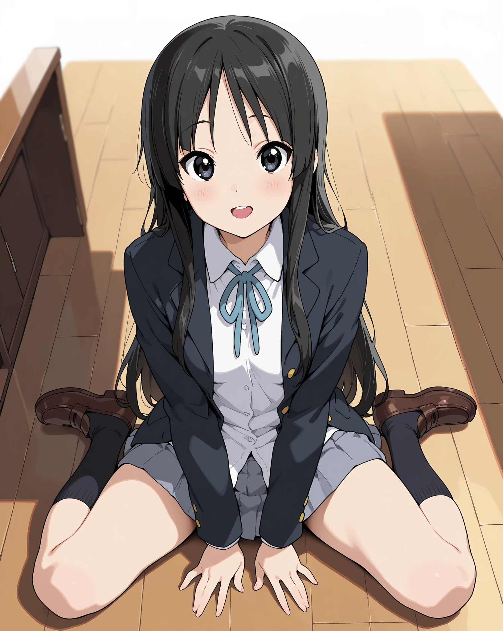1girl, solo, azusa nakano, , classroom,blazer,, looking at viewer, smile,miniskirt,(((,panties))),squatting,indoor,open legs,spread legs,sweating
