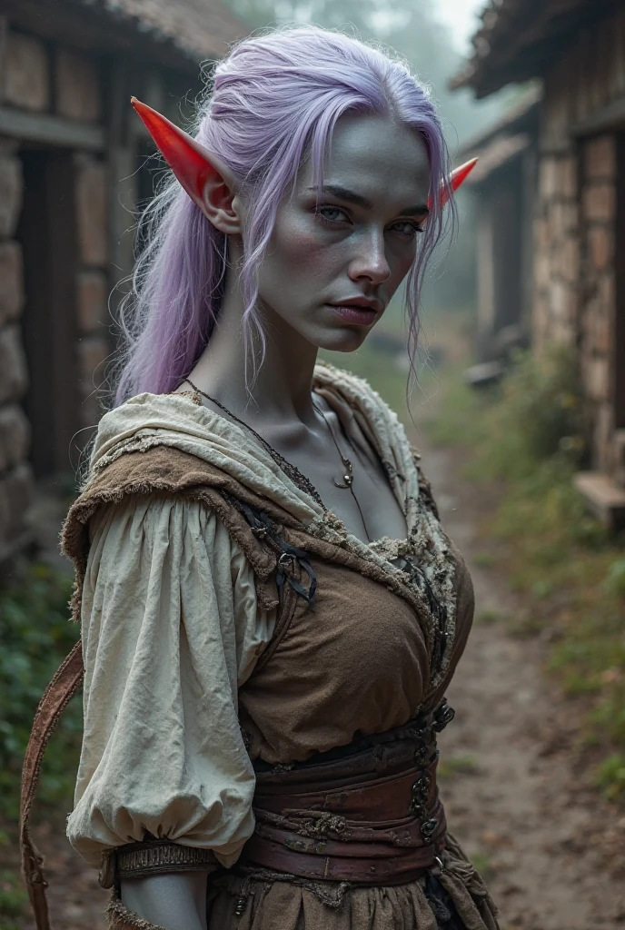 Rustic Elf Upper body shot, a grey-skinned European woman, pointy elf ears - SeaArt AI