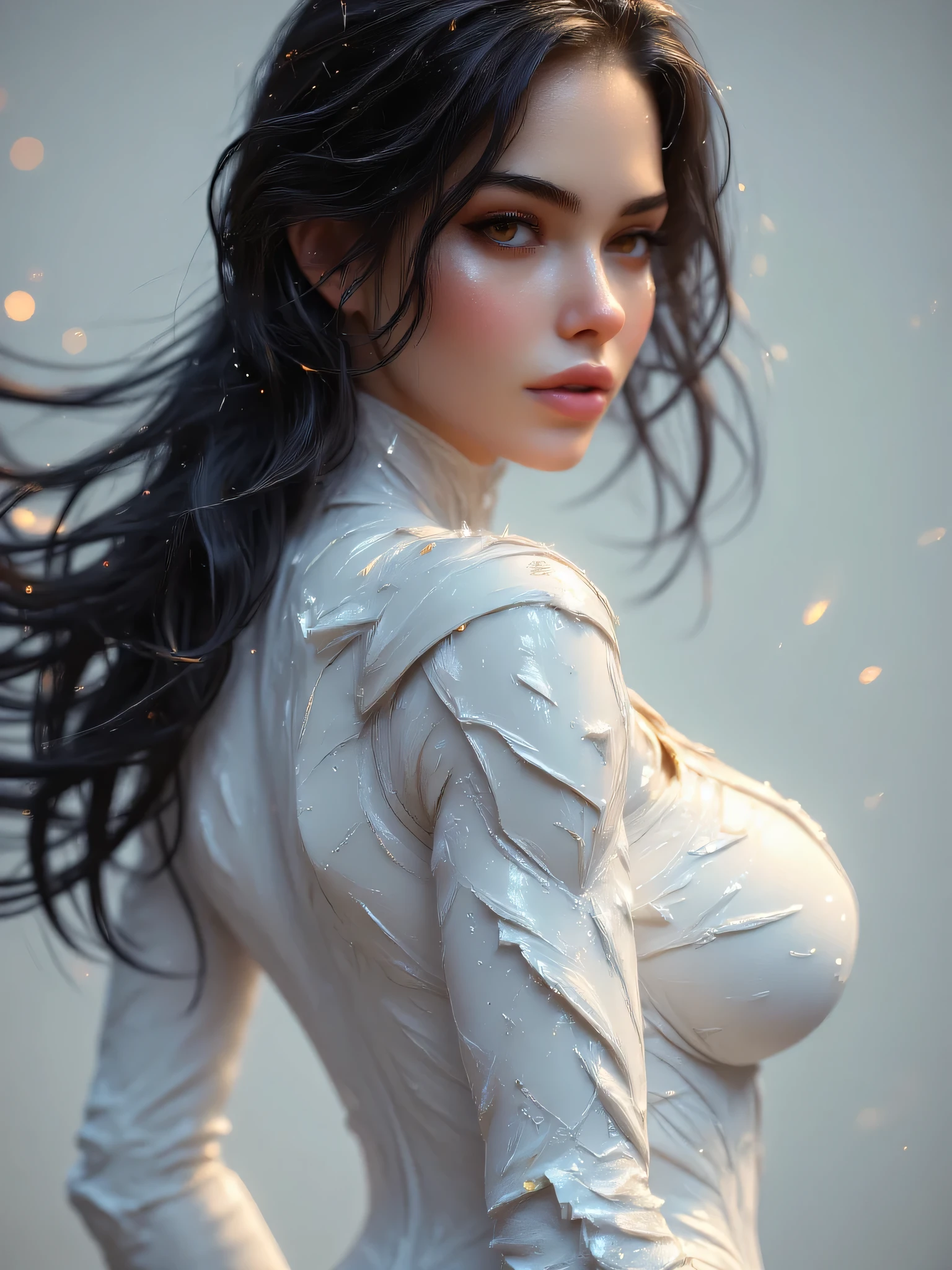 > A stunning, anatomically accurate woman with a powerful, athletic build — the result of intense gym training. She has long, flowing black hair and is seen from behind in a close-up shot of her face and upper torso. She is half-turned over her shoulder, revealing a playful, mischievous smirk on her face. Her electric white armor is sleek, form-fitting, and high-tech, subtly highlighting the musculature of her back and shoulders. The lighting softly reflects off the armor’s surface, enhancing its texture and color. Her facial features are sharp and symmetrical, with piercing eyes and an expression full of confidence and charm. The style is hyper-realistic with a touch of subtle futurism — no neon colors, no Japanese text, and a muted, elegant background that keeps the focus on her.