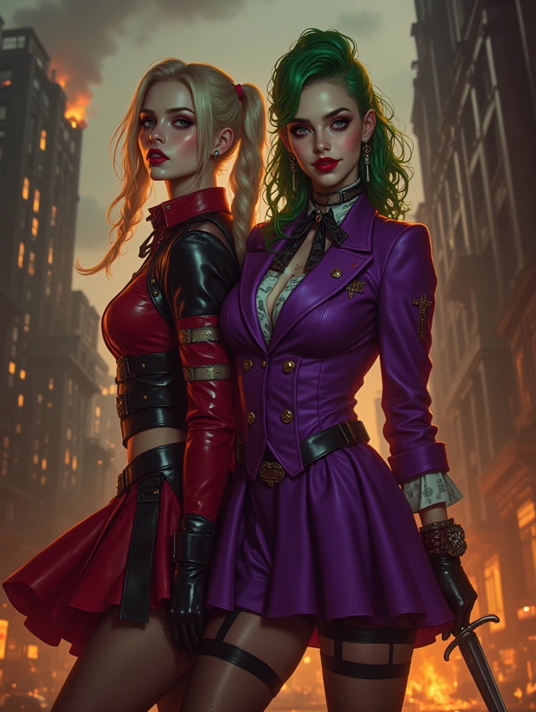 (complex two subjects) best quality,4k,8k,highres,masterpiece:1.2),ultra-detailed,(realistic,photorealistic,photo-realistic:1.37),(Sofía Vergara as the sexy Joker. With her alluring charm, she embodies the mischievousness and playfulness of the character. Her eyes captivate with their mesmerizing gaze, drawing you into her world. Her detailed lips, slightly parted in a seductive smile, add to her allure. (Sofia has Iconic Joker makeup, iconic Joker hair dye, and insane sexy hair))(subject 2), Kelly Hu takes on the role of Harley Quinn, exuding a distinct sense of craziness and mischief. She flirts with danger and steals the spotlight with her flirtatious expressions and exaggerated gestures. Her vibrant makeup and colorful hair reflect the colorful chaos that surrounds her. The scene is set in the immersive world of Gotham City, with its dark and brooding atmosphere. The city skyline, illuminated by the neon lights of the Joker's antics, creates a haunting backdrop. Both characters are armed with Joker weapons, showcasing their dangerous and unpredictable nature. Sofía Vergara wields an intricately designed weapon, showcasing her power and control. Kelly Hu's weapon complements her wild and unpredictable personality, adding an extra touch of chaos to the scene. The color palette leans towards vibrant and bold hues, reflecting the flamboyant and larger-than-life personalities of the characters. The lighting is dramatic, casting shadows and highlighting the characters' features, adding depth and intensity to the scene. The resulting image is a high-quality masterpiece that captures the essence of these two iconic characters, bringing them to life in a visually stunning and immersive way. (show both women, full body shot, head to toe)