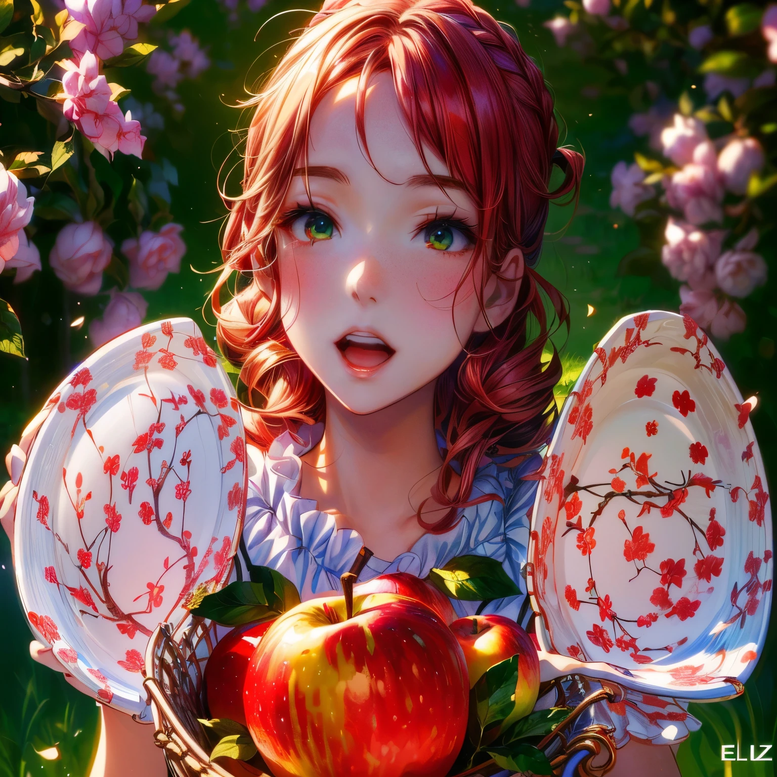 anime girl holding a plate of fruit in a street, official artwork, , official art, guweiz, kawacy, detailed digital anime art, artwork in the style of guweiz, guweiz on pixiv artstation, digital anime illustration, high detailed official artwork, rin, profile picture 1024px, anime style 4 k, there is a woman holding a basket of apples and a pillow, sadie sink, ellie bamber fairy, anna nikonova aka newmilky, inspired by Lucas Cranach the Elder, monia merlo, inspired by Lucas Cranach the Younger, elle fanning as an android, with apple, elle fanning), with curly red hair, standing in an apple orchard