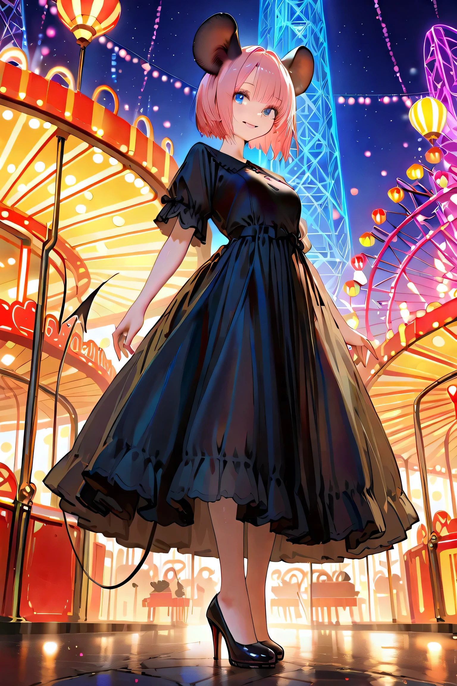 amusement park background,neon,at night,Illumination,
highest quality, realistic, Super detailed, finely, High resolution, (8K), masterpiece,ultra detail,
1 beautiful woman,pink short hair,blue eyes, ((black mouse's Ears)), black dress,black high heels,beautiful and detailed eyes, Detailed realistic skin texture, smile,model body, (Full body to toes),
sharp focus, perfect dynamic composition,
(side standing,looking forward to it),(side shot),
from below,