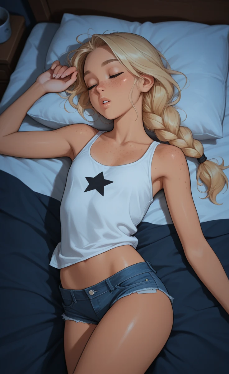 Sleeping girl, flat chest, 16 years old, realistic, she is wearing skimpy underwear, blonde hair.