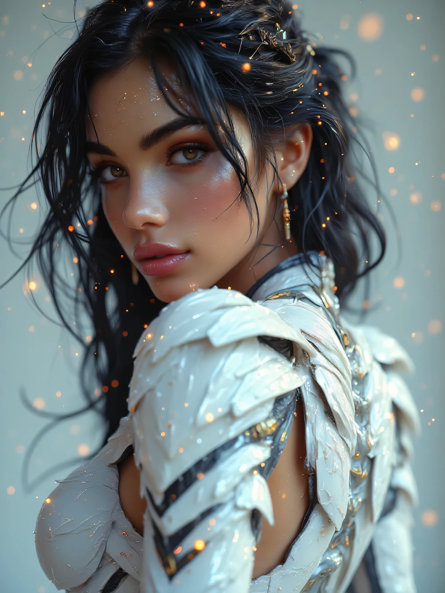 > A stunning, anatomically accurate woman with a powerful, athletic build — the result of intense gym training. She has long, flowing black hair and is seen from behind in a close-up shot of her face and upper torso. She is half-turned over her shoulder, revealing a playful, mischievous smirk on her face. Her electric white armor is sleek, form-fitting, and high-tech, subtly highlighting the musculature of her back and shoulders. The lighting softly reflects off the armor’s surface, enhancing its texture and color. Her facial features are sharp and symmetrical, with piercing eyes and an expression full of confidence and charm. The style is hyper-realistic with a touch of subtle futurism — no neon colors, no Japanese text, and a muted, elegant background that keeps the focus on her.