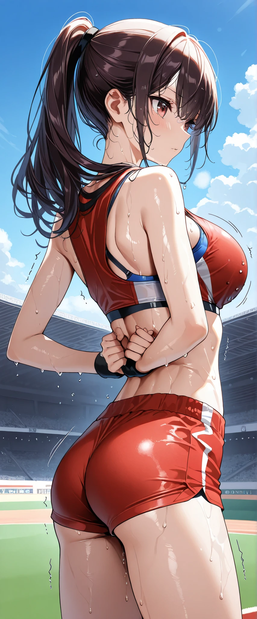 (((masterpiece)))、((top quality))、(super detailed)、(CG illustration)、(Very beautiful woman))、 cinematic light 、((1 Female))、 、(Beautiful and luxurious:1.2)、(1 woman:1.ports Stadium,,((Sleeveless track and field athletes ),wet from sweat,Beautiful ponytail,sports drinks,,Rokka,( clothes can be seen through the bra ),skinny,shaking breasts