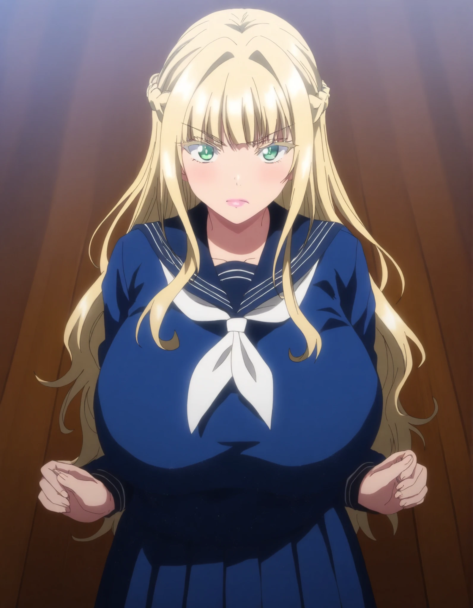 amazing quality,very aesthetic,absurdres,best quality,newest,masterpiece,4k resolution,1girl,solo,anime screencap,Louisa Richter,Blonde Hair,Green Eyes,Braids,Huge Breasts,french braid,colored eyelashes,blue serafuku,white neckkka chief,long sleeves,pleated_skirt,blue skirt,pink lips,upper body,portrait, serious look, looking at viewer, flicking hair