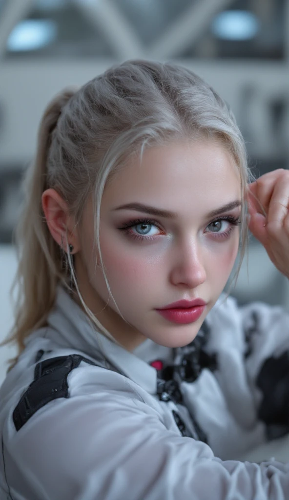 ((realistic, best quality, highest resolution, 8k)), ((accurate , accurate body, accurate hands, Accurate feet)), full body photo, from Tokyo, Japan, silver hair, long ponytail hair, silver eyes, red lips, pale skin, clean skin, Her height is 161 cm, cybergame, fruit, fruit 기관총, She's on a secret operation, 그녀는 도심에 퍼진 채소병사들을 제거 하기위해 비밀 병기 fruit 기관총을 들고 적들에게 난사를 하고 있다, Her sharp gaze, Determined expression, Her eyebrows are slightly raised