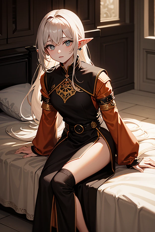 (best image quality, masterpiece: 1.2),
(vivid colors, strong contrast: 1.2), striking visuals, official image art,
Beautiful girl lying on a sofa in a Western-style room with Baroque architecture, 
Close-up of girl, Best girl with great attention to detail, Focus on eyes,
(Beautiful girl elf with demon wings: 1.2), 4 demon wings, dark blonde hair,
purple armor dress, devil horns, shy face, patterned white tights, ornate fine accessories,