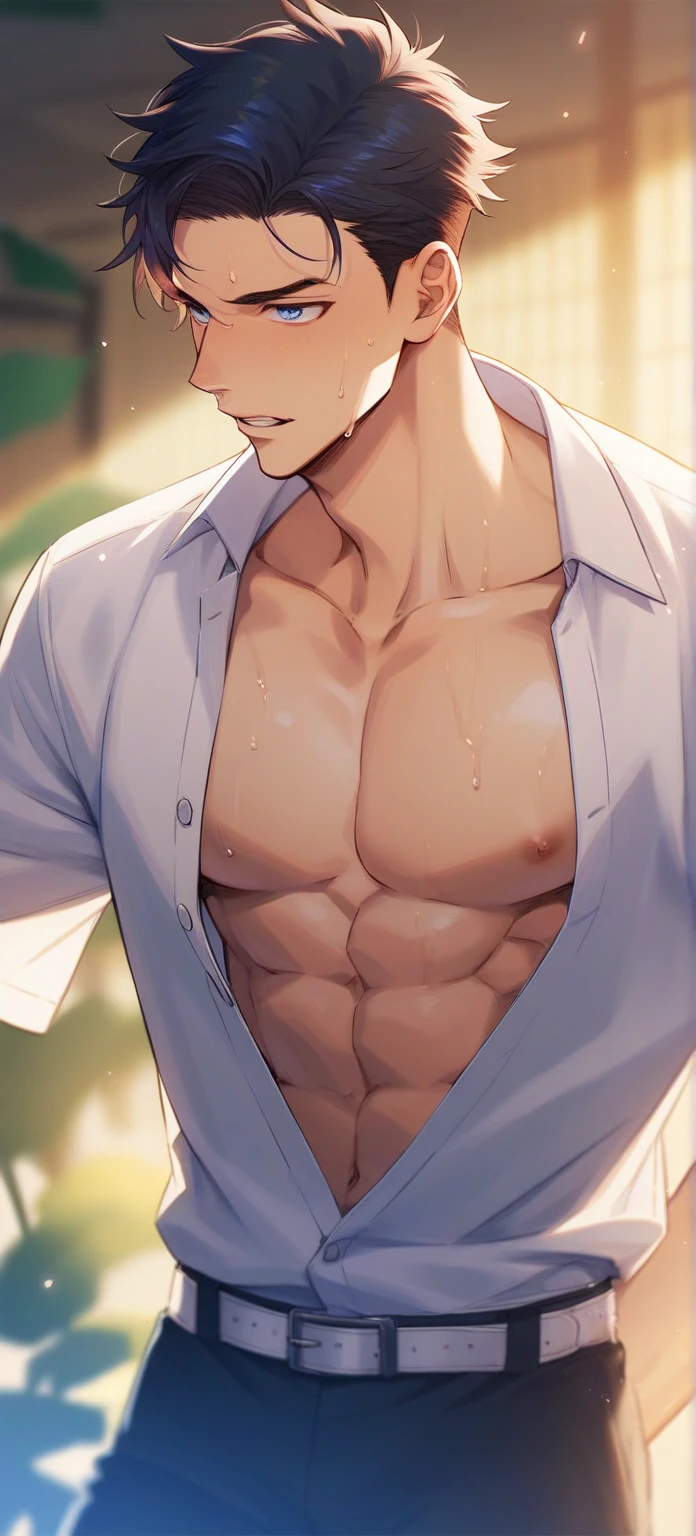 (  the charming body, Sexy body close-up ) short hair , short spiky hairstyle, Red skin,  shiny skin, tanned skin, rosy skin, bright red skin, the boy blushed shyly , red face (photo angle from bottom up) (photo angle from the ground upwards) [Anime photo][highest quality photo][4k,HD photo quality ] wear tight and short loincloths ,the loincloth bulges due to the erect male genitals (muscular thigh muscles, firm thigh muscles, muscular thigh muscles, sinewy thigh muscles, giant thigh muscles, strong leg muscles, muscular hamstring leg muscles)(thigh muscles bulging as if about to explode, muscular, calloused, sinewy, giant) , Rudeus Greyrat,14 year old,  shy, pondering, thinking, pensive, tired, bodybuilder,bodybuilding, standing, lots of sweat flowing down, topless, shirtless, hot sunny, 8 pack abs  , green eyes, 1 hand raised to expose the armpit and place it on the back of the neck