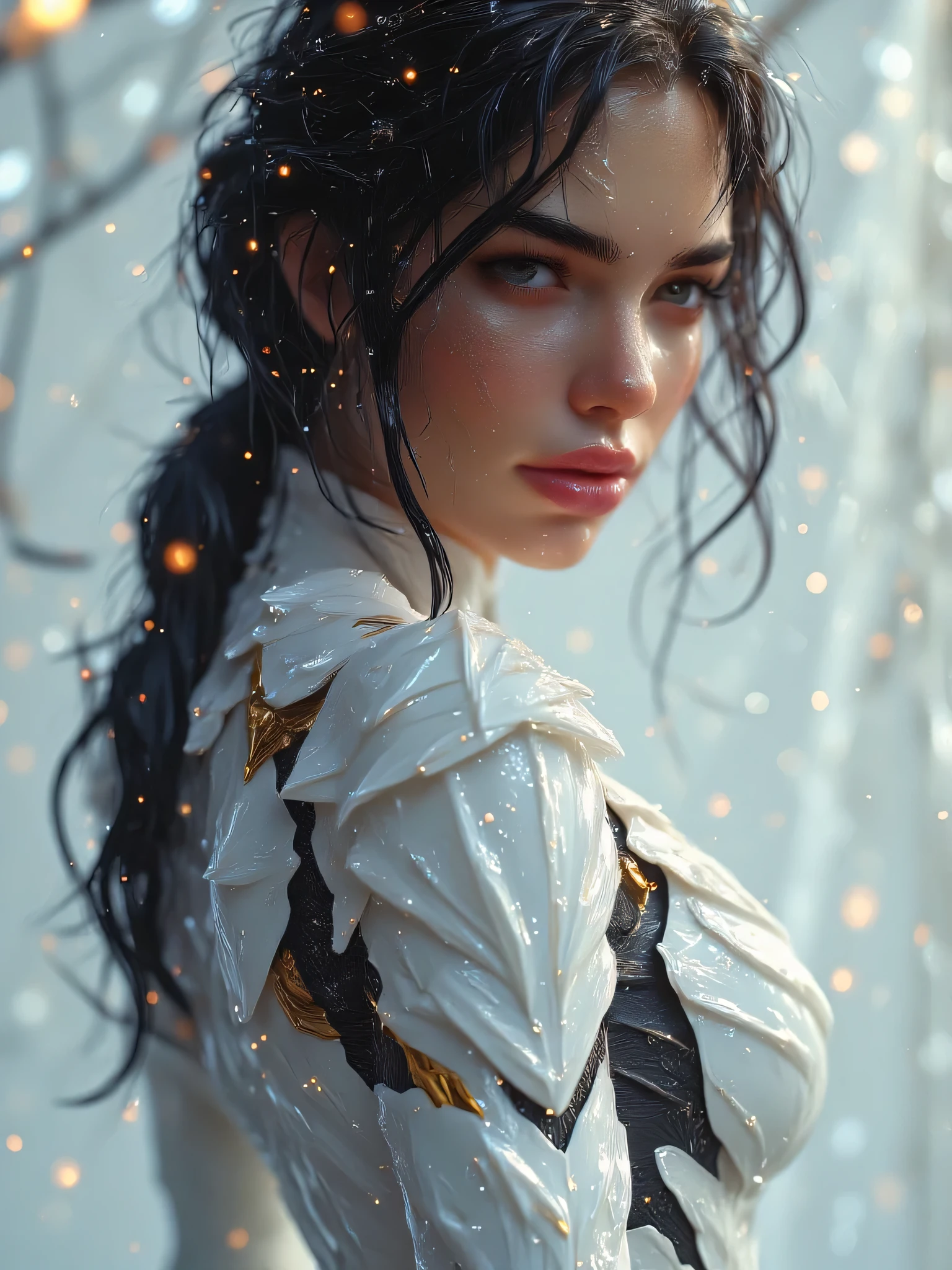 > A stunning, anatomically accurate woman with a powerful, athletic build — the result of intense gym training. She has long, flowing black hair and is seen from behind in a close-up shot of her face and upper torso. She is half-turned over her shoulder, revealing a playful, mischievous smirk on her face. Her electric white armor is sleek, form-fitting, and high-tech, subtly highlighting the musculature of her back and shoulders. The lighting softly reflects off the armor’s surface, enhancing its texture and color. Her facial features are sharp and symmetrical, with piercing eyes and an expression full of confidence and charm. The style is hyper-realistic with a touch of subtle futurism — no neon colors, no Japanese text, and a muted, elegant background that keeps the focus on her.
