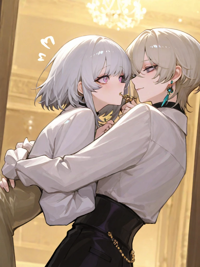 Anime boy, white hair, submissive face, white woof ears, white wolf tail, dick riding massive dildo, dildo is pink, boy enjoying the pleasure, anime boys penis is ejaculating.
