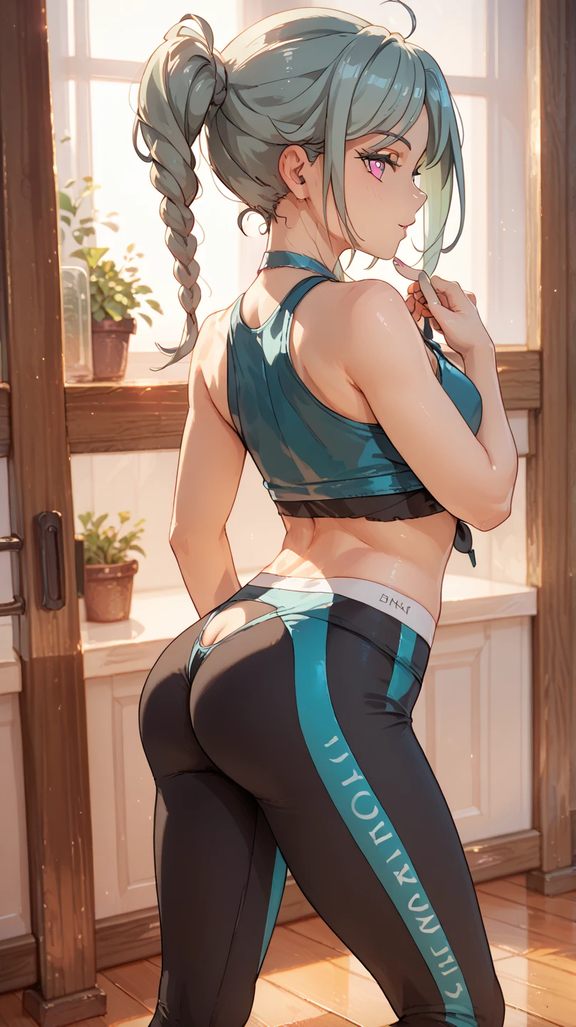 1 girl, black hair, sit in the kitchen, black tank top, black legging, blue gloves, ((blue panties on the outside the black legging)), blue shoes, medium breast, voluptuous, shy, Confused, red cheeks, embarrassed, full body view, back view, bbyorf, short hair with long locks, white hairband, red eyes, gold earrings, 