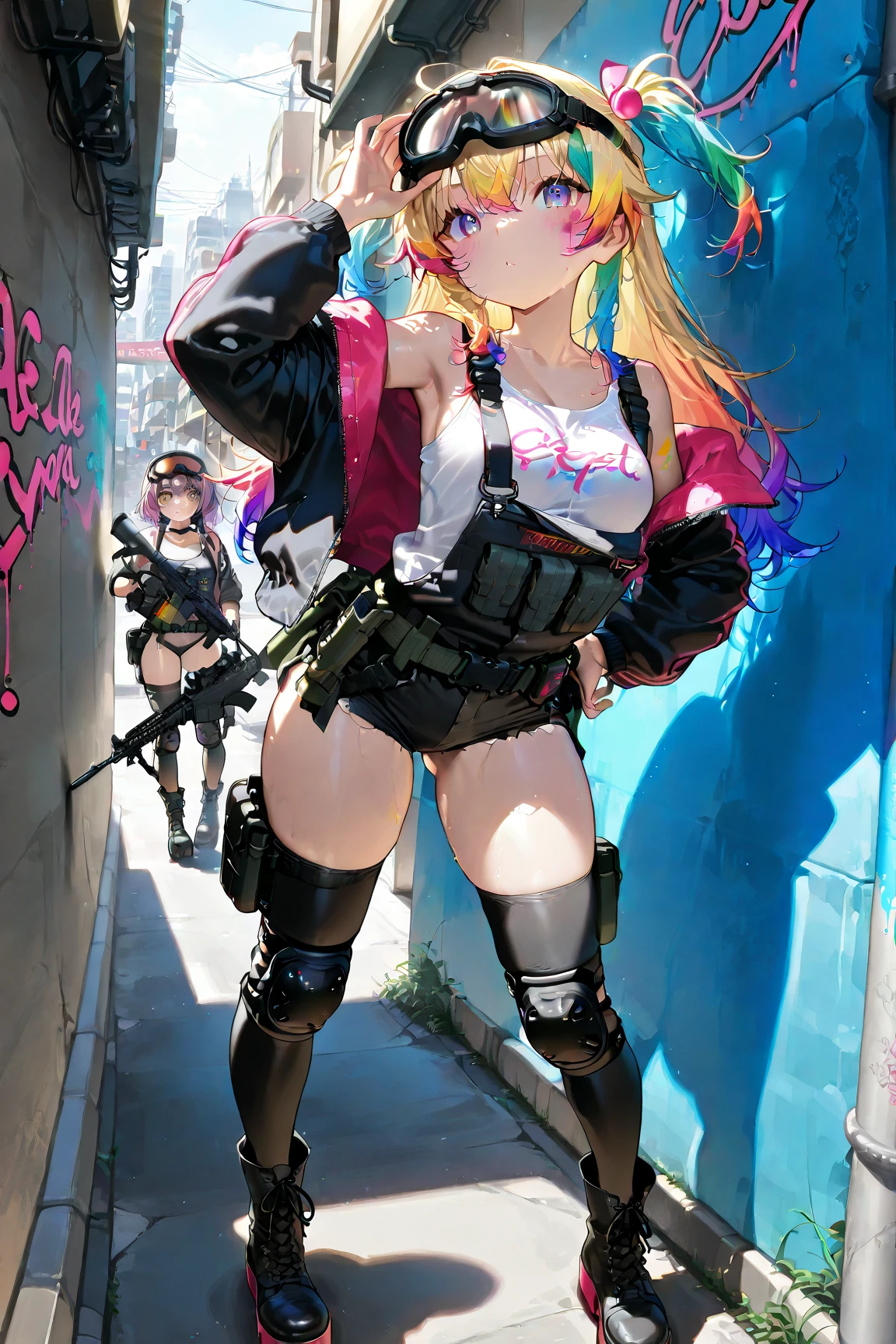 A woman, pink army outfit, athletic body, holding a gun, short clothes, blonde hair, blue eyes, long hair, in an apocalyptic city, deserted, destroyed city, princess peach