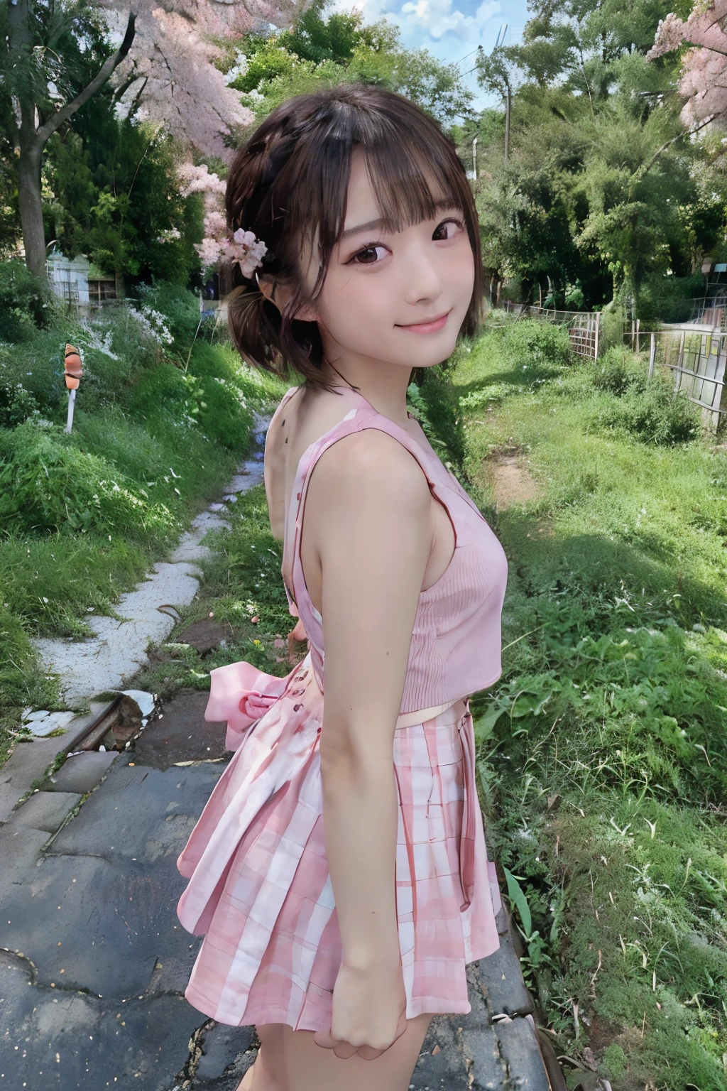 8k, raw photo, best quality, high resolution, realistic, photorealistic, extremely detailed 8k wallpaper, beautifully detailed eyes, finely detailed exquisite face,
 break 
professional lighting, 
 break 
(a lot of sakura bloomimg trees around railroad tracks:1.2), in spring, in twilight, 
 break 
perfectly anatomically correct:1.4, 
 break 
1 female, kawaii like an idol:1.2, 
symmetrical clear eyes, chocolate color eyes with captivating reflections, 
symmetrical face line, stereoscopic projection, 
wide-set eyes, [droopy eyes], [small eyes], round face, [[chiseled face]], [embarrassed, blush], 
in high-school gym uniform, 
happy smiling, short hair bun, 
looking back viewer, leaning back, [opening legs], 
 break 
from right side:1.1, from below:1.1, bokeh:1.1