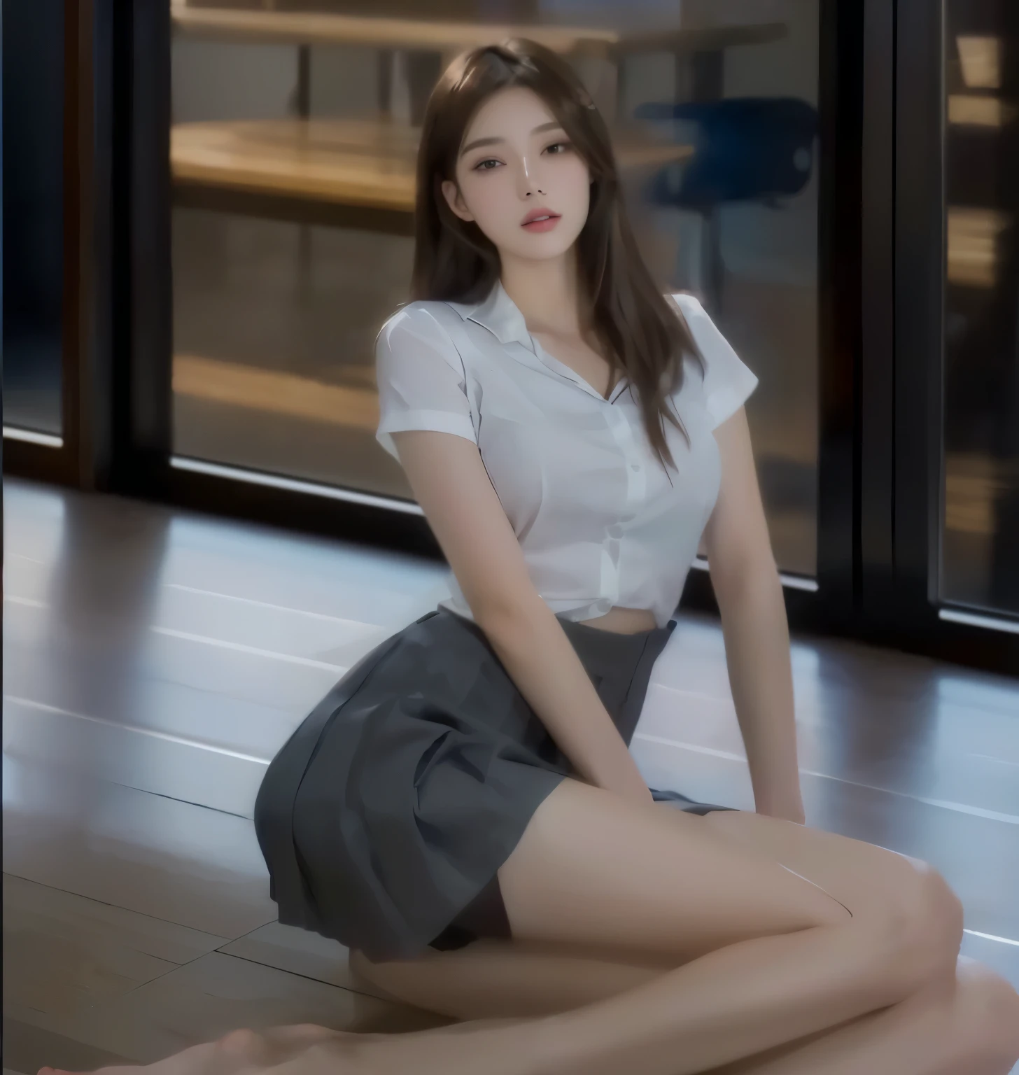 (masterpiece), highly realistic, From below, Seductive smile, slender beautiful female students expose nave, open school shirt, Sit down and open your legs to show your crotch, blue pleated skirt, adorable print panties, wet legs, Short hair and pale skin, (waiting room), (perfect anatomy), 8k Resolution, wonder full, elegant, hyperrealism, approaching perfection, dynamic, highly detailed, ultra high definition, HD resolution, high quality boost, contrast boost
