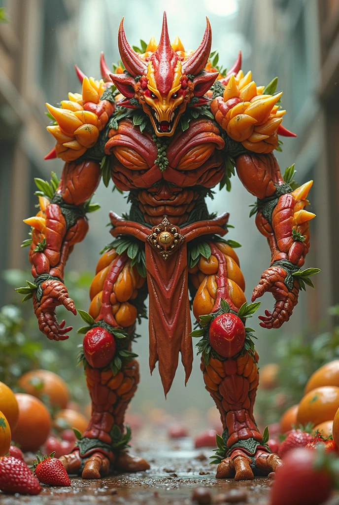 Une guerrière entièrement faite de fruit, abricots melon, fraises, dans un style retro 