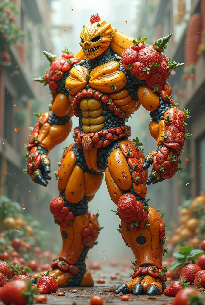 Une guerrière entièrement faite de fruit, abricots melon, fraises, dans un style retro 