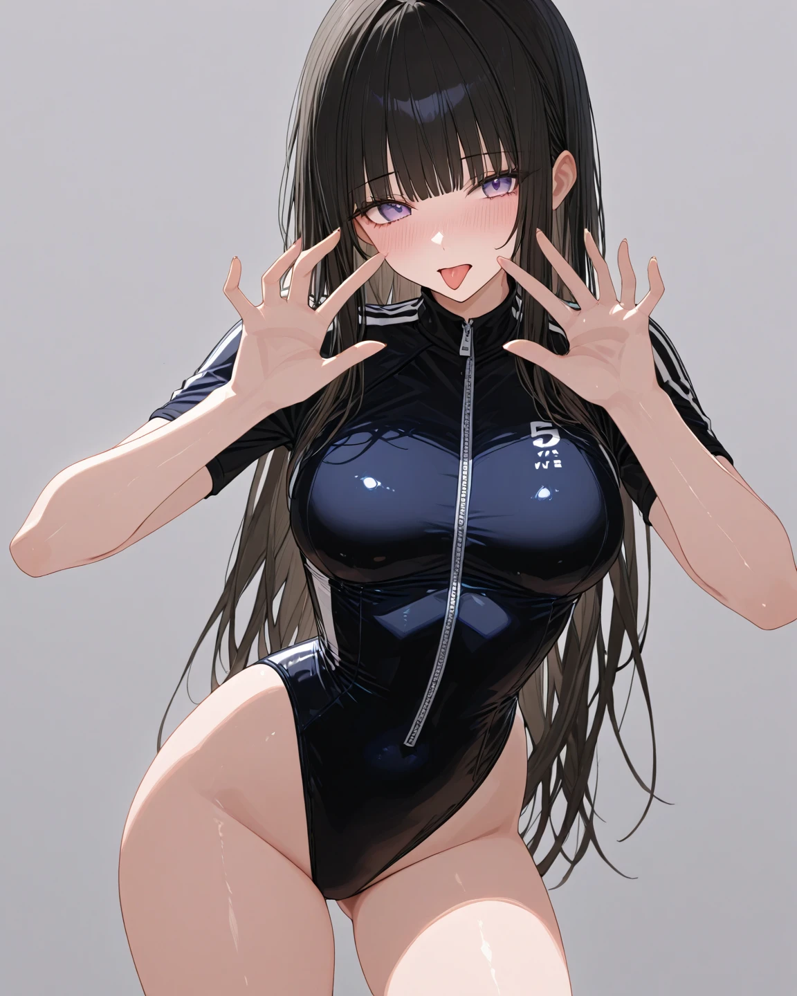 An anime character sitting on the ground making a peace sign, hyperRealistic , a hyperRealistic , Enchanting anime girl, photoRealistic anime girl render, Realistic , Smooth anime CG art, Wet swimsuit, Cute girl in a tank top, Beautiful and attractive anime teen, Shiny wet skin!!, photoRealistic anime, Realistic shaded perfect body, Pose of Satisfaction,There is a hole in the crotch