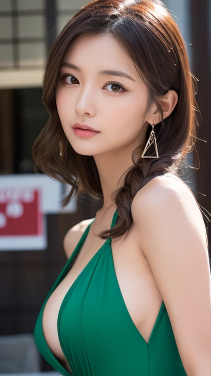 (nude)Wavy long hair, Brown Hair, One girl, Emerald Eyes, Shake with two fingers, Pink Lips, Pastel Green Dress,