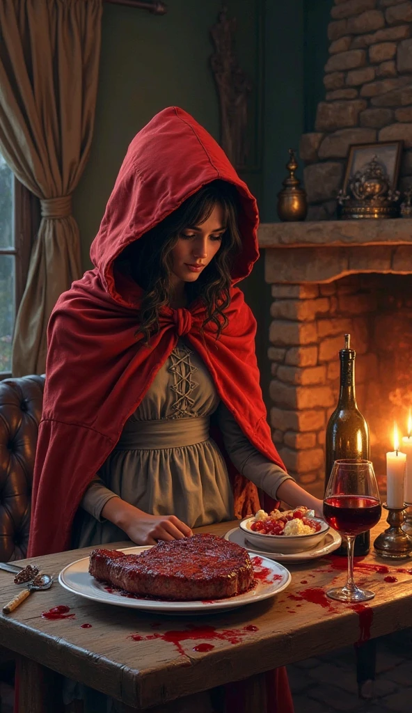 Little Red Riding Hood arrives in the present day of 2024, fireplace, Dining table, Bloody steak, Candles, Red wine toast!