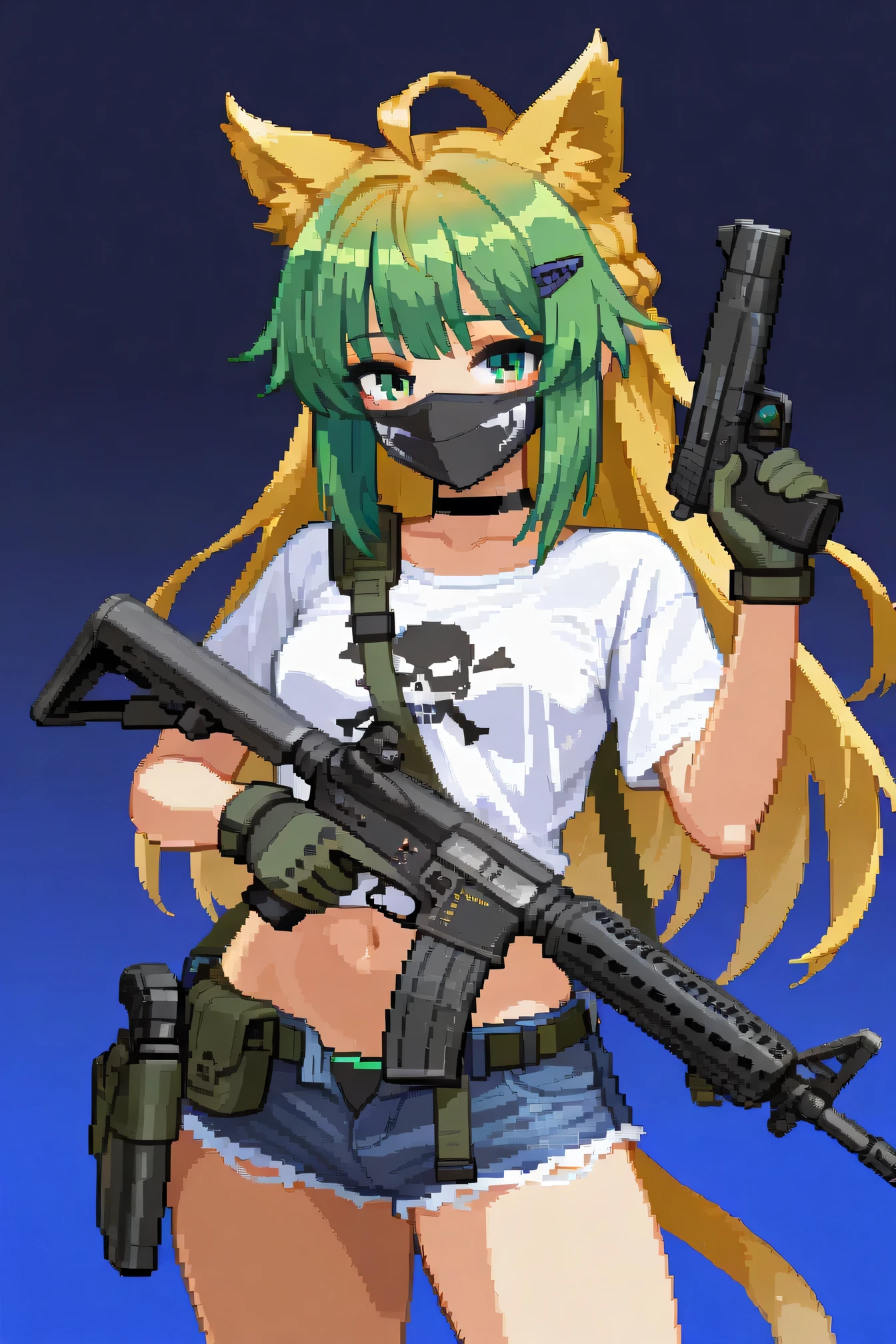 1girl, atalanta, alternate costume, ammunition pouch, animal ears, ar-15, assault rifle, belt, between breasts, black choker, green hair, black panties, blue shorts, blush, cat ears, choker, closed mouth, colored inner hair, cutoffs, denim, denim shorts, extra ears, gloves, gun, gun sling, hair ornament, hairclip, handgun, holding, holding gun, holding weapon, holster, holstered, small breasts, light machine gun, looking at viewer, magazine \(weapon\), micro shorts, midriff, multicolored hair, navel, open fly, panties, pouch, green eyes, rifle, shirt, long hair, short shorts, short sleeves, shorts, sig sauer, solo, shirt, trigger discipline, two-tone hair, underwear, utility belt, weapon, white shirt, csp2pixel,, pixels, pixel art, dark blue background, blue theme, mouth mask, black mask, mask with skull print, cat tail, cat ears,
