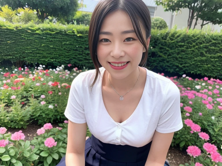 最high quality, 8k, masterpiece, Tatsuma, Sharp focus, high quality, High resolution, Detailed face, Detailed eyes, Thick lips, (View your viewers), alone, Beautiful woman, Age 35, Plump, Beautifully groomed hair, Cleavage, Casual training wear, Afternoon in front of the park garden,