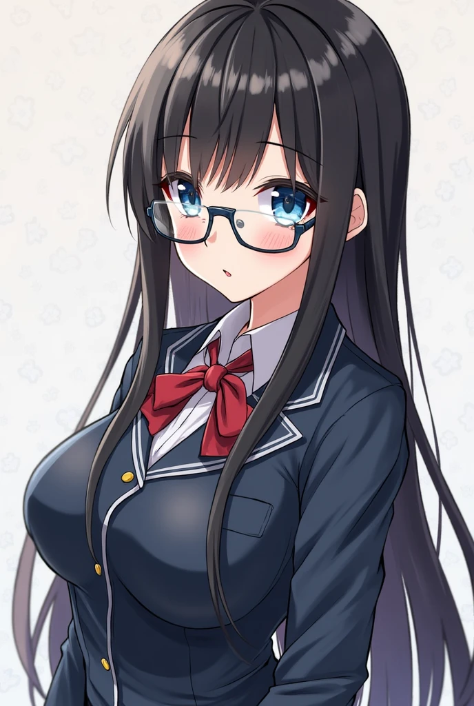 1girl, ((school uniform)), mature female, tall female, dark blue hair, black hair, long hair, wavy mouth, blue eyes, shy, timid, huge breasts, thick thighs, pantyhose, arms behind back, white skirt, skirt, red necktie, necktie, black jacket, jacket, pleated skirt, red glasses, glasses, ((black jacket)), ((white skirt)), ((red glasses))