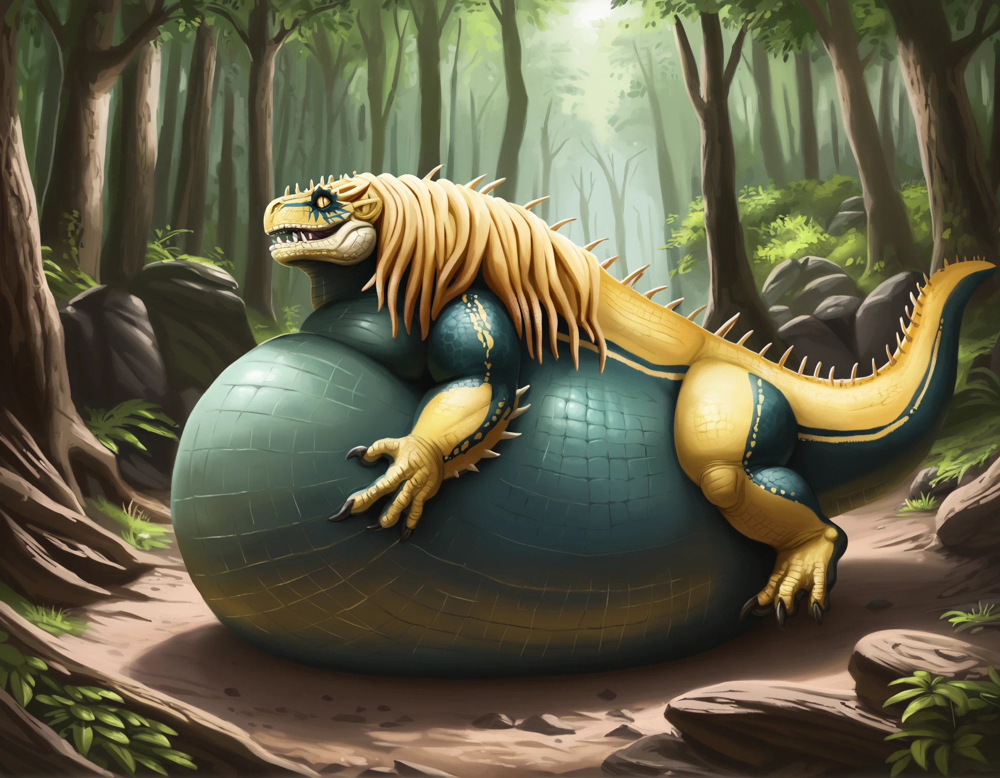 score_9,score_8_up,score_7_up,source_furry,jagras,feral,by zackary911,by syuro,by dagasi,by hanuvo,solo,hi res,detailed background,forest,
side view,extreme detail,dynamic lighting,cinematic lighting,yellow eyes,jagmane,detailed head, detailed face, detailed eyes, mouth open, burping, no sclera,slit pupils, on top of belly, lying on belly, ginormous belly, massive belly, stomach like large blimp, huge round stomach under great jagras, fat great jagras, great jagras belly inflation, inflated great jagras, long neck, thick fat neck, very wide neck, gray scaly belly, very scaled belly, detailed belly scales. belly scales are a dark gray, hyper inflation, hyper inflated belly, belly melds with neck, neck is very thick and fat.