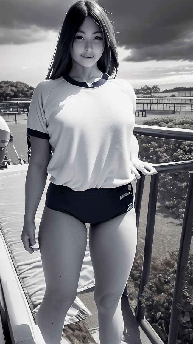 alone、high school girl、White skin、Natural Makeup、bangs、(((White short-sleeved T-shirt on the upper body)))、((Long white gym clothes))、(((Very tight bloomerid rise bloomers)))、(((Navy Bloomers)))、(((Tuck the bottom of your gym clothes into your bloomers)))、Big Breasts、Big Ass、(((Schoolyard)))、((Realistic fingers))、((Perfect Style))、((Realistic body shape))、(((upright)))