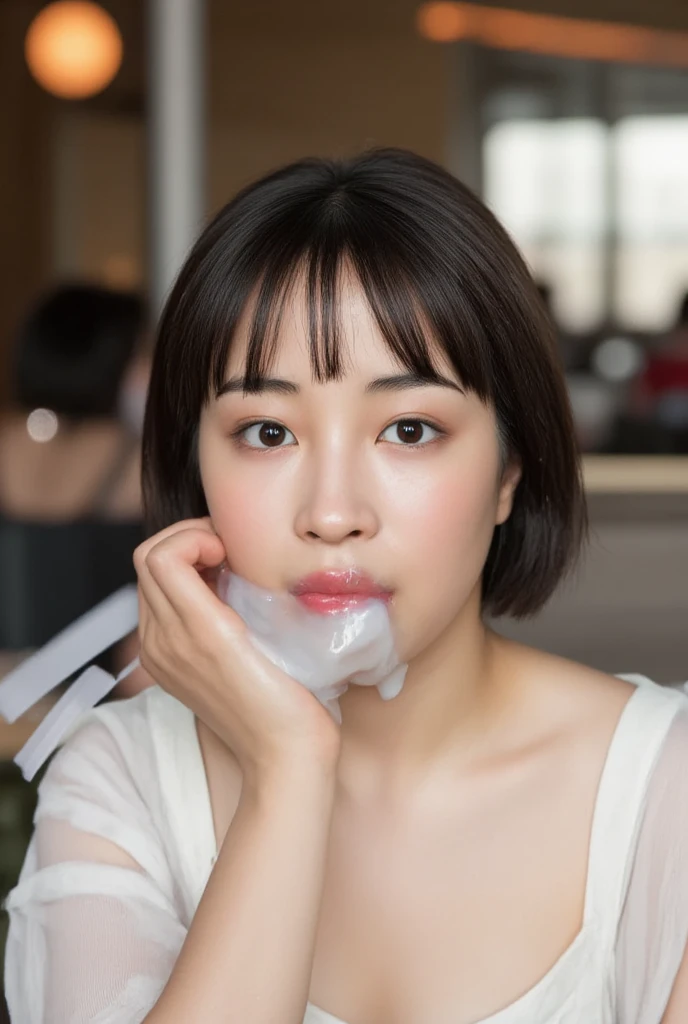 One female, selfie、face close up、cheerful smile、big tear bag、tape gag,Room lighting:none、front lighting:weak、Photo taken with iPhone、Japanese cute half-haired girl、profile、looking at the camera、black sweater, white wallpaper only, Rooms without lights、Cleavage Bulge(((Blindfolded)))(((Duct tape covers mouth to nose))), wet face, sperm everywhere,White hair