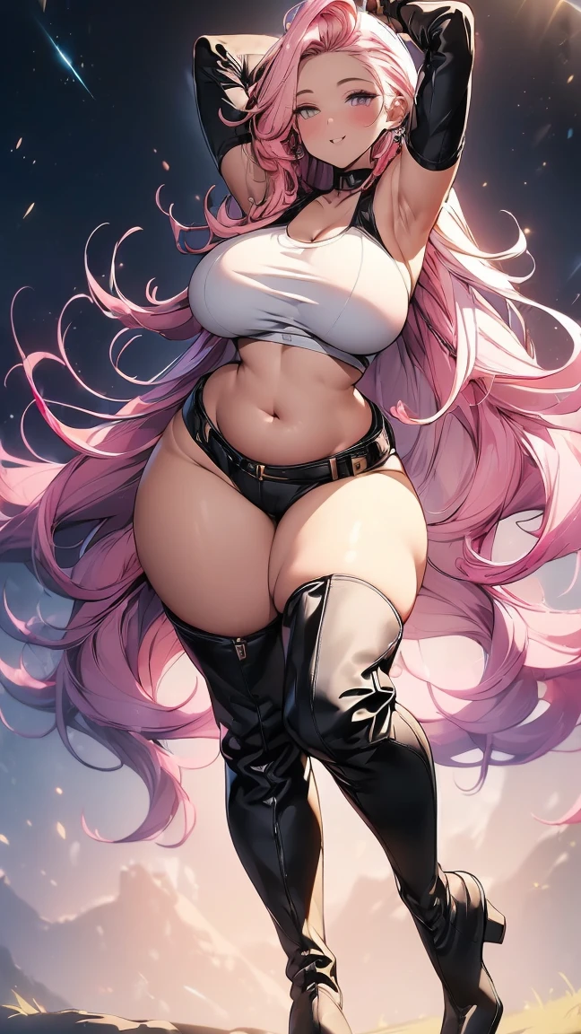 ((1 girls), solo, Big round breasts, thighs, hips, realistic, pink hair, blonde hair, light green eyes, lip gloss, detailed face, amazing big eyes, eye details, big lips, eyebrow details, blush, confident, dominant, bdsm, smirk, naughty, mischevious face, HD, good quality, curvy, standing up, thick thighs, attractive, amazing body, perfect body, slim thick, lingerie, salon