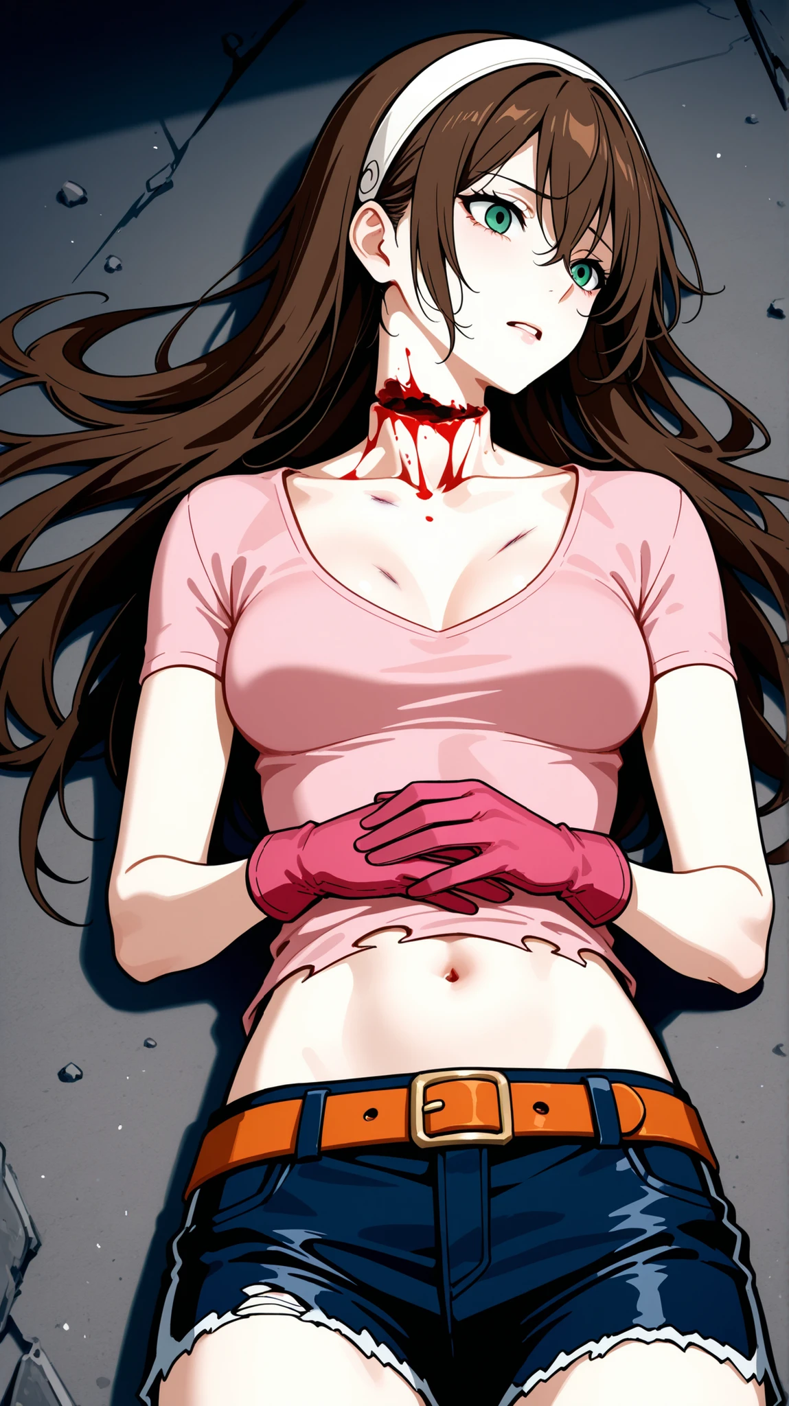 Half-body view of a beautiful woman with long brown hair and full spiky bangs, green eyes, decapitated, bloody neck, severed neck, medium chest, her body is full of scratches, wear a white hairband, wear ruined clothes, wear a fit pink leather shirt with short-sleeves and scoop neck, wear a dark blue leather shorts with orange leather belt, pink gloves, her shirt is cut to expose her midriff with deep navel, front view, killed, lying down on ground, ground background