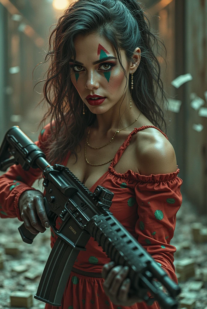 a crazy jester with a gun , pleasure to kill, digital art