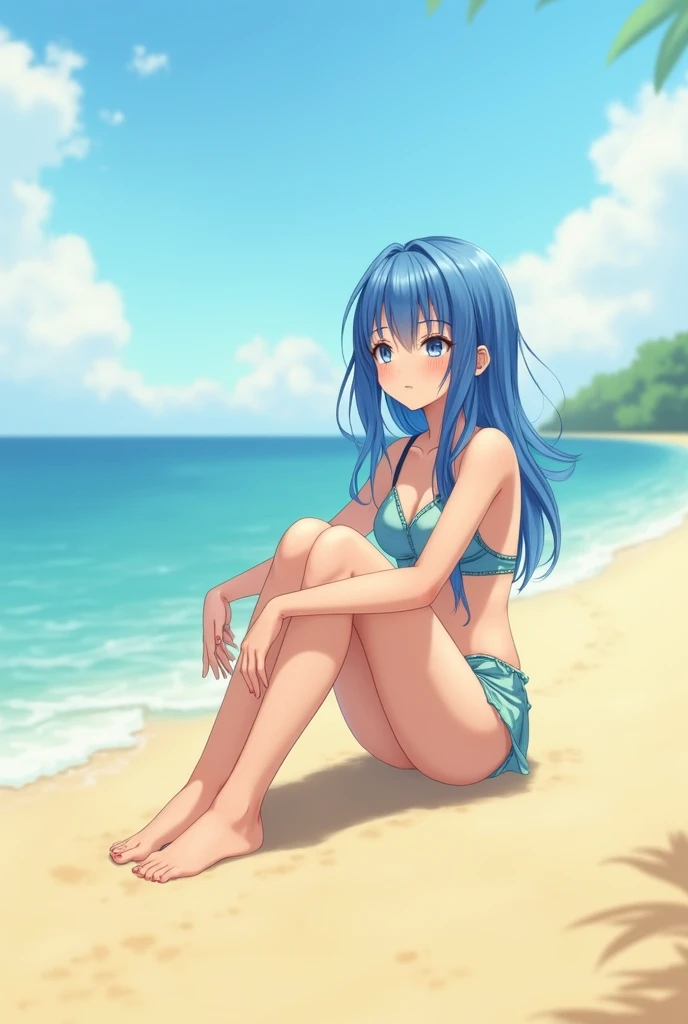 masterpiece, best quality, (anime screencap:1.3),(illustration), cute,(simple:1), (anime:1.2),solo sharp focus, 1girl, cleavage,looking at viewer, japan,beach, doyagao, open mouth,blue hair ((black mini skirt)),(nsfw:1.2),fairytale, Lucy Heartfilia