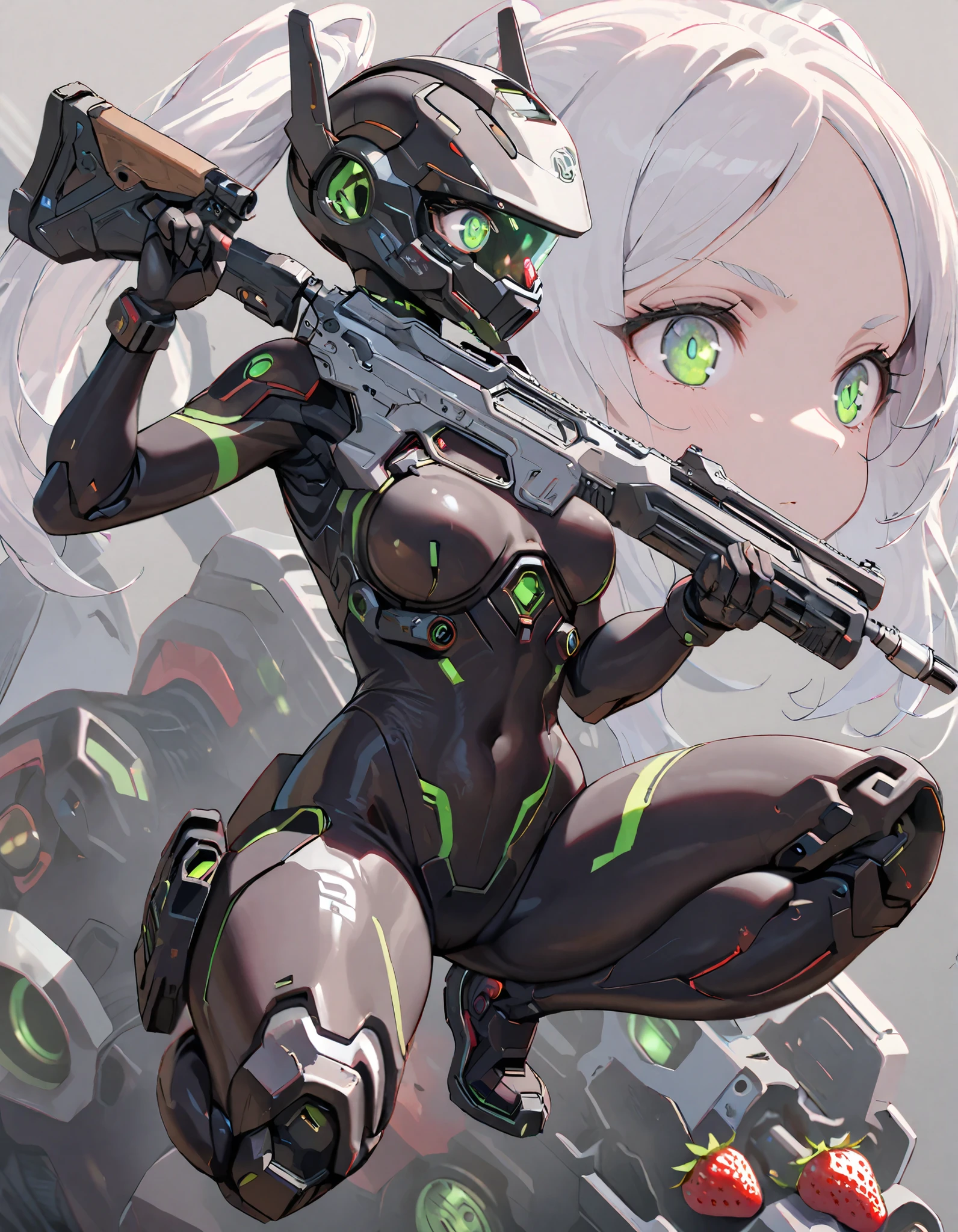 top quality, Absard Dress, 1 girl, solo, Nikkei Profile Growth, full body, zoom layer, holding a weapon, gun, One knee, Freezing Frieren, Warface , ((green eyes, futuristic glow eyes , Well-formed eyes)), Black Students Obsessed with Every Detail , twin tails, white hair, Highly Detailed Faces, ((mechanical bodysuit, cyber helmet)), (full body, combat ready with strawberries), The perfect gun, Detailed guns, gun, cyborg, joint, body covered, Robot legs, (cinematic lighting), ( Simple grey background)