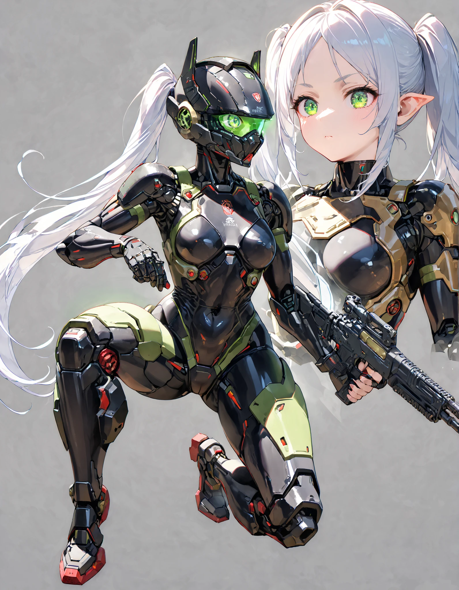 top quality, Absard Dress, 1 girl, solo, Nikkei Profile Growth, full body, zoom layer, holding a weapon, gun, One knee, Freezing Frieren, Warface , ((green eyes, futuristic glow eyes , Well-formed eyes)), Black Students Obsessed with Every Detail , twin tails, white hair, Highly Detailed Faces, ((mechanical bodysuit, cyber helmet)), (full body, combat ready with strawberries), The perfect gun, Detailed guns, gun, cyborg, joint, body covered, Robot legs, (cinematic lighting), ( Simple grey background)