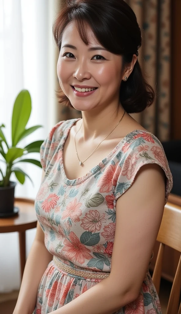 8k wallpaper, masterpiece, Highest quality, Very detailed, One Mature Woman, 50 years old, Become very clear, Wearing a short-sleeved knit, Skin dents, Captivating smile, Looking at the audience, No lapel microphone, Plump, Curvaceous, Attractive face, Smiling with teeth showing, I was happy, sitting in a cafe, Background Blur