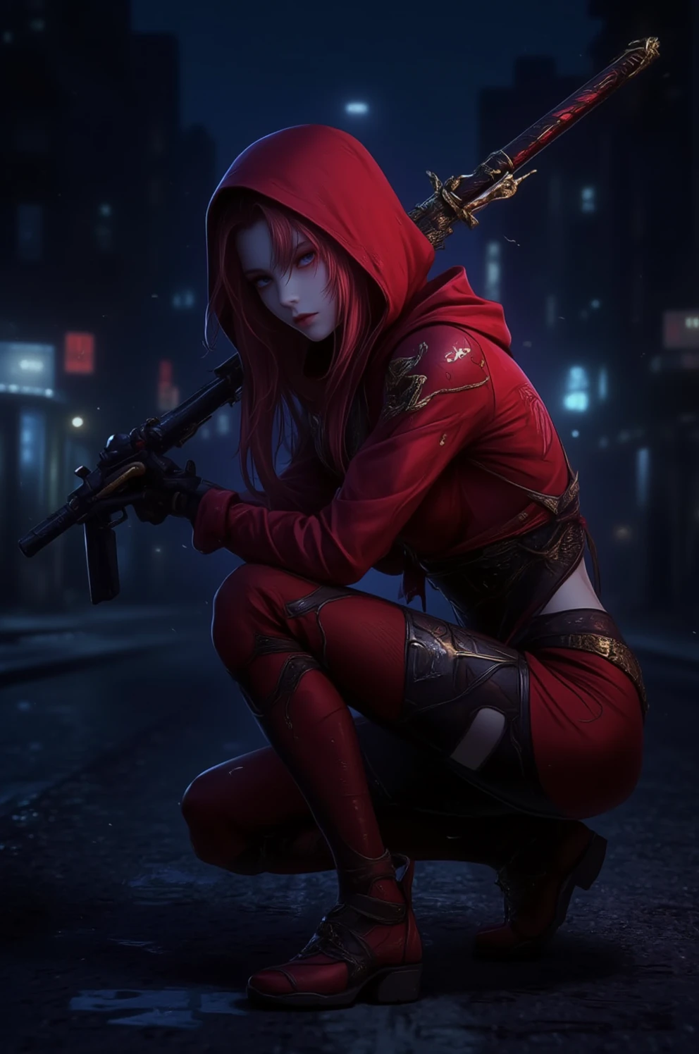 cyberpunked、Gothic fashion、Blue eyes、Red lips、red hairs、beauty legs、sexypose、Seduction Pose、Crimson Cloak、Gothic dresses、micromini skirt、White lace shorts、Cameltoe、(((Flying kick while shooting a gun)))、(Full moon in the background)、(If the background is)