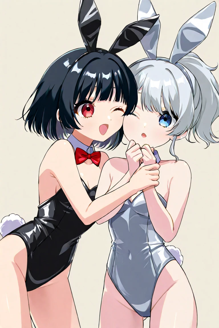 best quality, masterpiece, 2 girls, random poses, (tongue out:1.2), (drooling:1.3), (low twintails hair with bangs:1.3), fluorescent red and white colored bikini, (medium breast:1.2), solid red background