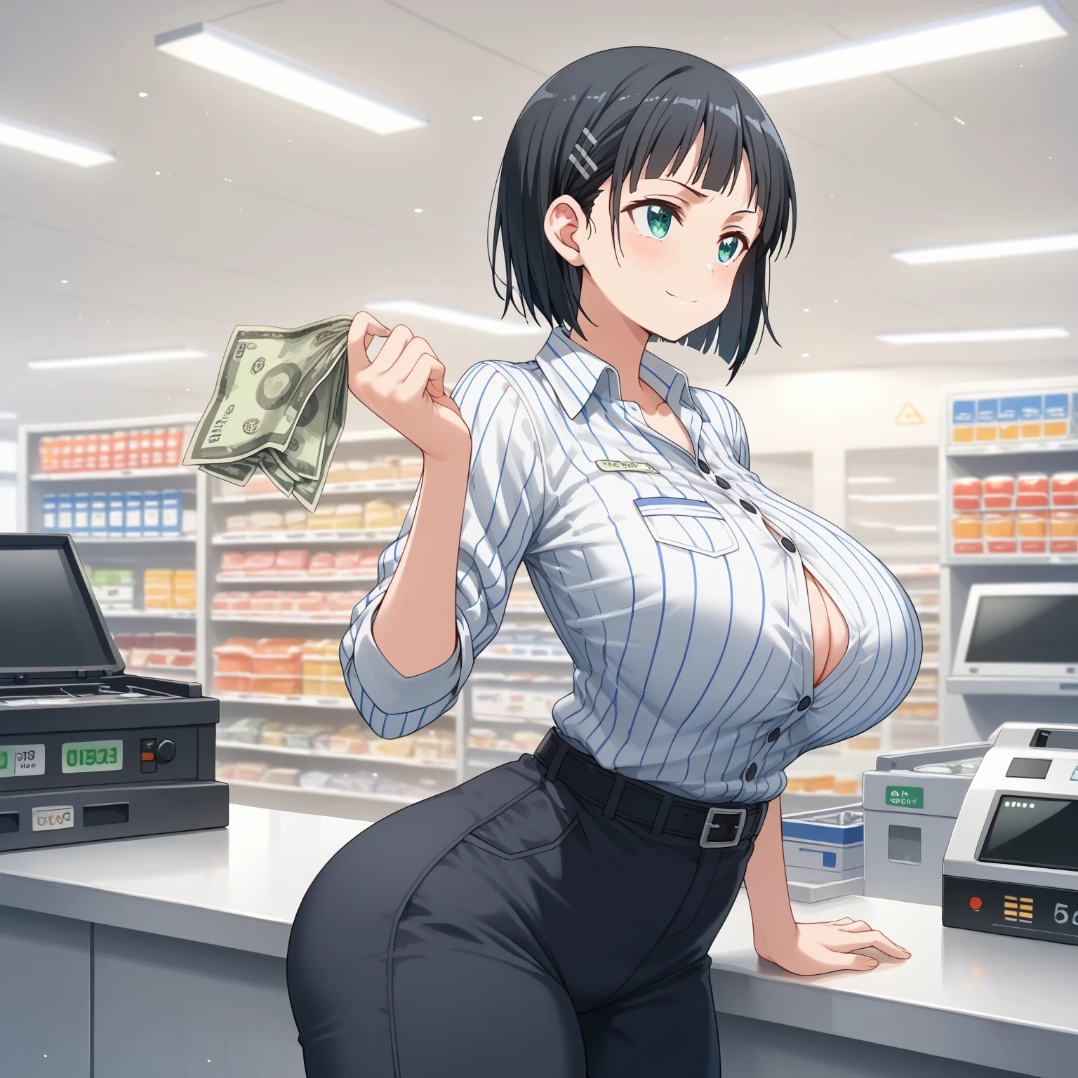 masterpiece, detailed, realistic, young korean woman, bar staff, (detailed face, beautiful face), (gigantic breasts:1.7), (bursting breasts:1.4), pleased expression, open smile, thin, leaning forwards, strap top, (holding dollar bills:1.2), crowded bar