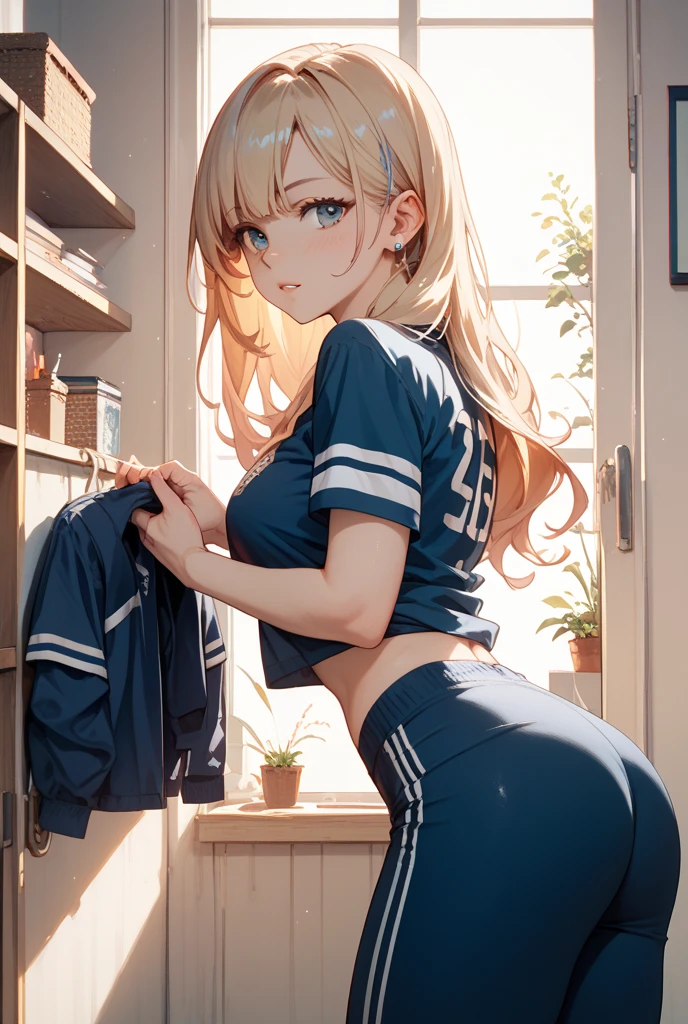 masterpiece, Highest quality, Very detailed, Ultra-high resolution, Idol Catalyst, One girl, alone, hair ornaments, Long blonde hair, Glossy Lips, Medium chest, Aqua Eye, ponytail, A light smile, Water gymnastics uniform and bloomers、V-neck, Short sleeve、Indoor Studio、Masturbation show off、Crotch stain、Excited
