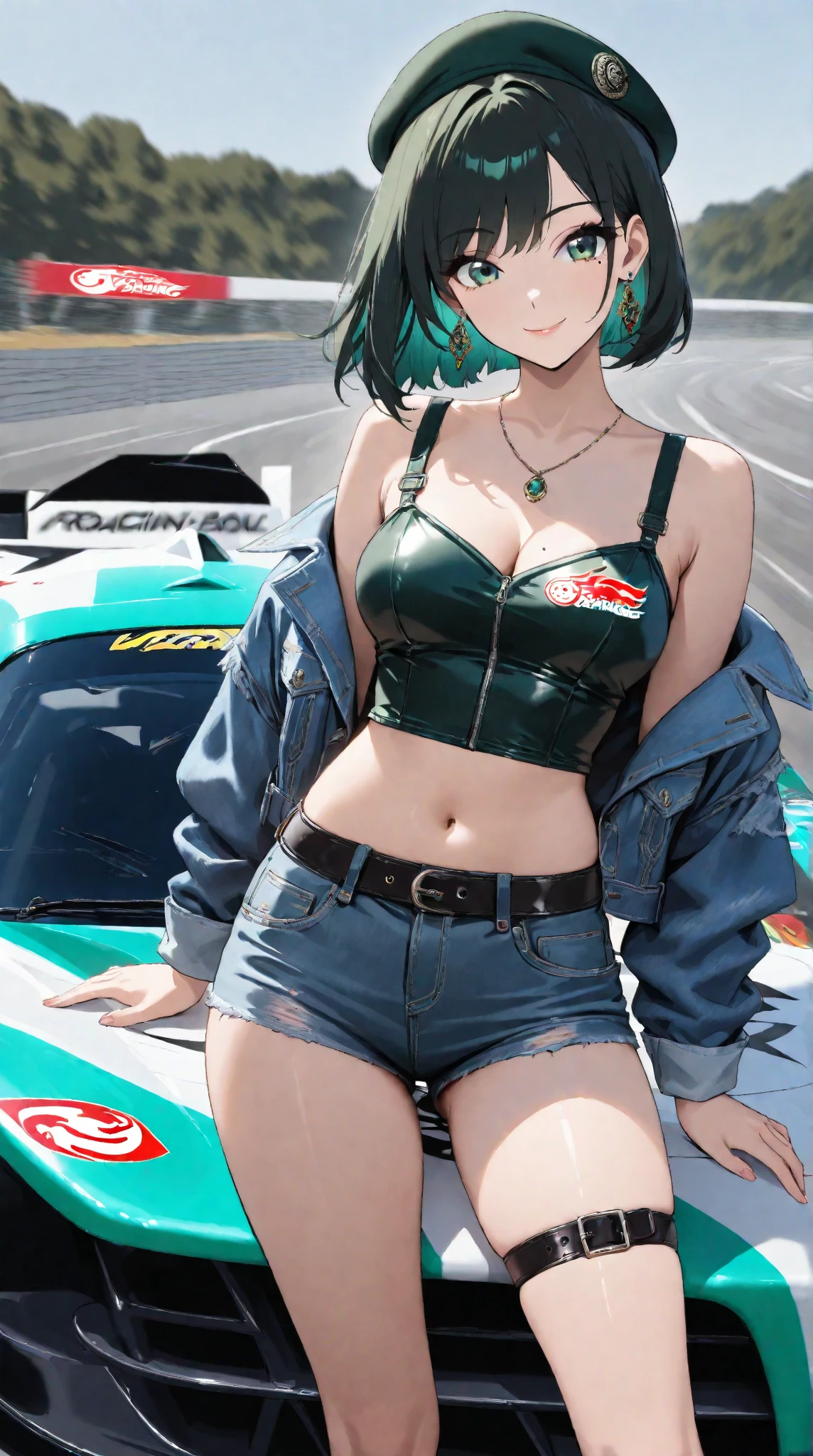 8k, masterpiece, best quality, highly detailed, 1 girl, tiefling, warlock, pixie cut, multicolored hair, very short straight hair red highlight hair on white hair, strippled hair, wearing glasses, round glasses, earrings, sexy, navel piercing, red eyeshadow, long eyelashes, blushed cheek, red lips, pearl necklace, rings, collarbone, mole on face, glamorous, teal and purple costume, smirk, holding unbrella, close up view, rings, looking at viewer, demon horns, solo, standing, race track, race queen costume, miniskirt, black pantyhouse, thigh-height boots.