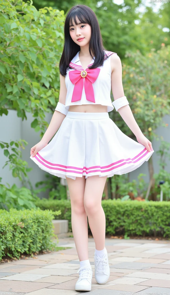 ((highest quality)), ((masterpiece)), (become familiar with), perfect face,4k,1 girl, Japanese、19 years old、alone, confused, highest quality, (smug face:1.2), black hair, black eye, sleeveless dress, hair ornaments, pink dress, short, ponytail, long hair, outdoor, noontime, noon, city cliff actor, sun, small breasts, flat chest, white gloves, white stockings, (put your hands on your hips:1.2), (portrait, straight, throw, looking at the viewer, Upper body:1.3)、skirt lift、Panty shot、I can see your pants