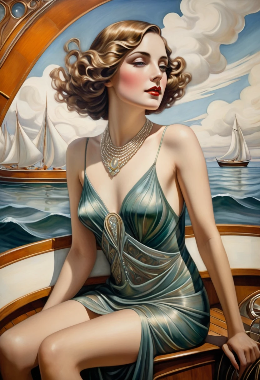 Retro vintage art print, sexy, glamorous pin-up girl wearing a sailors hat, bikini, A painting of a woman wife ((golden ratio}} laying on the sofa after a long night on the town, a  painting, a Beautiful expressive painting, malcolm liepke painting, glossy painting, beautiful digital painting, digital art painting, Fine paintings, monochromatic. malcolm liepke oil painting, impressionist painting.Spread your legs apart, beautiful and delicate face, fair skin